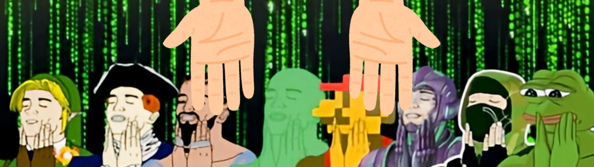 Feels Good Header - Collection of meme characters with Matrix background